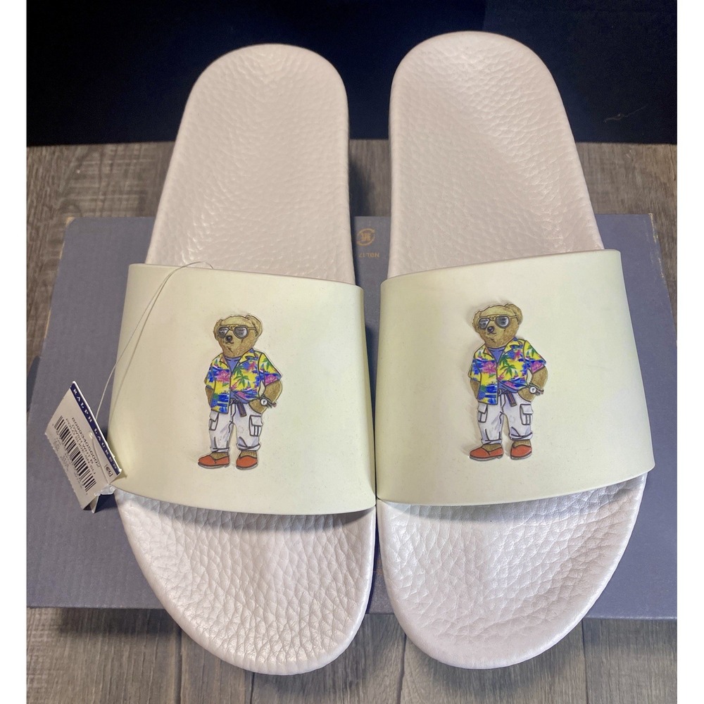 New Polo Ralph Lauren Men's Slides White Heritage Beach Polo Bear Hawaiian 13